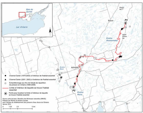 Figure 11. Limites de la zone à l’intérieur de laquelle se trouve l’habitat essentiel du fouille-roche gris dans la rivière Skootamatta. (Voir description longue ci-dessous.)