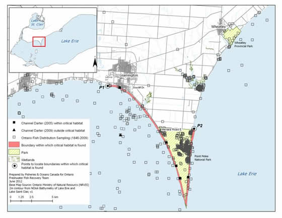 Figure 13. Boundaries of the area within which critical habitat of the Channel Darter is found in Lake Erie at Point Pelee. (See long description below)