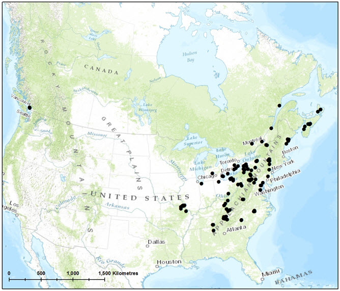 Approximate known North American distribution of Pygmy Pocket Moss