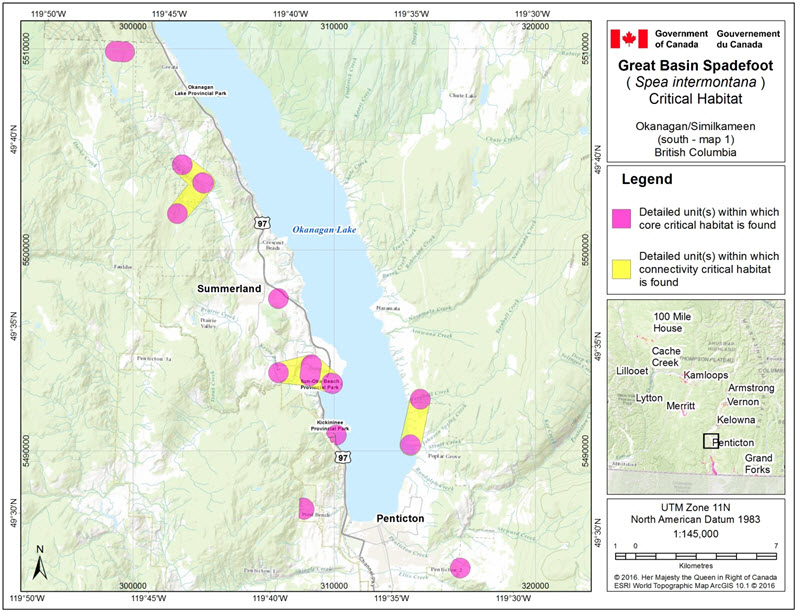 Critical habitat for the Great Basin Spadefoot in the Okanagan/Simikameen (south – map 1) area of B.C.