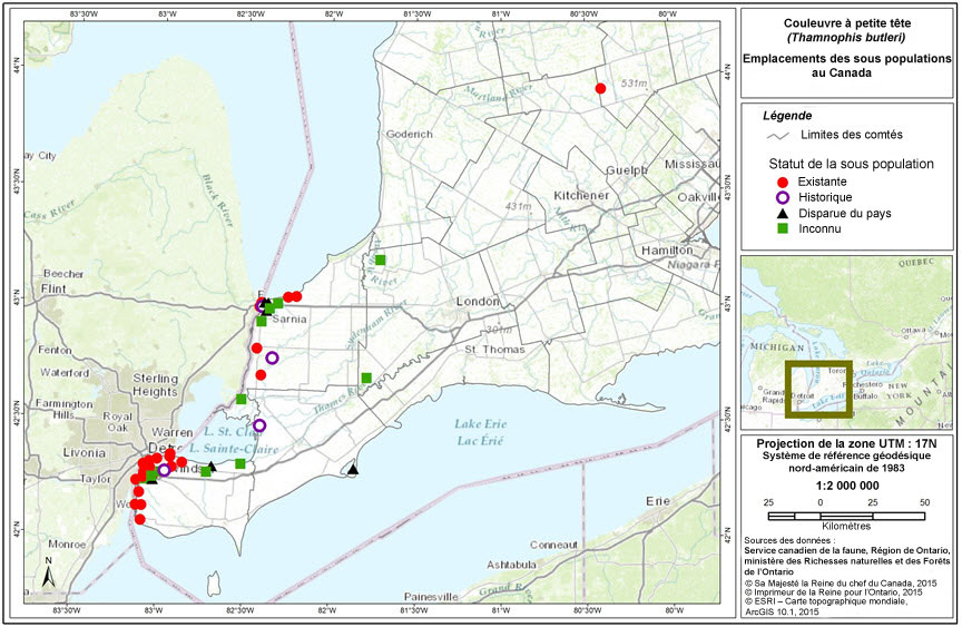 Emplacement des sous-populations de couleuvres à petite tête au Canada