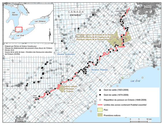 Figure 5. Secteur de la rivière Thames au sein duquel on trouve l'habitat essentiel du dard de sable. (Voir description longue ci-dessous.)
