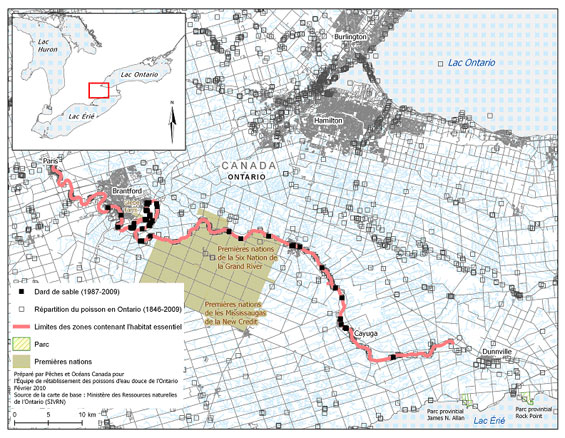 Figure 6. Secteur de la rivière Grand au sein duquel on trouve l'habitat essentiel du dard de sable. (Voir description longue ci-dessous.)