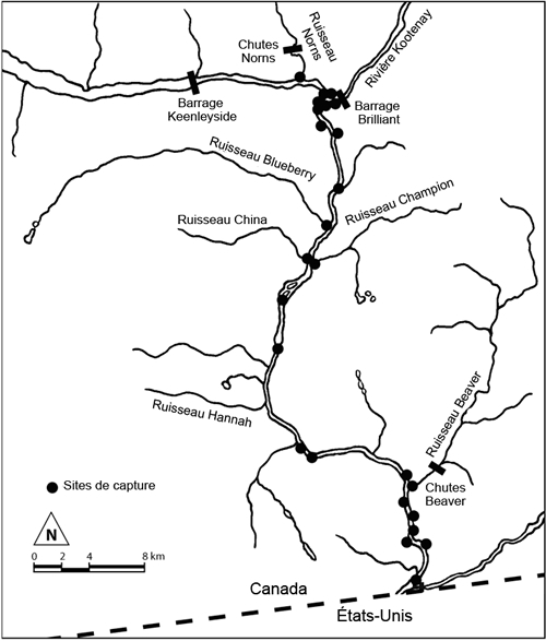 Sites de capture du Cottus hubbsi de la population du Columbia. 