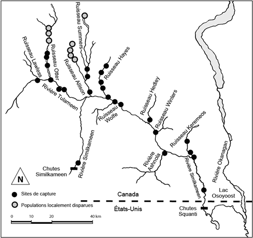 Sites de capture du Cottus hubbsi de la population de la rivière Similkameen.