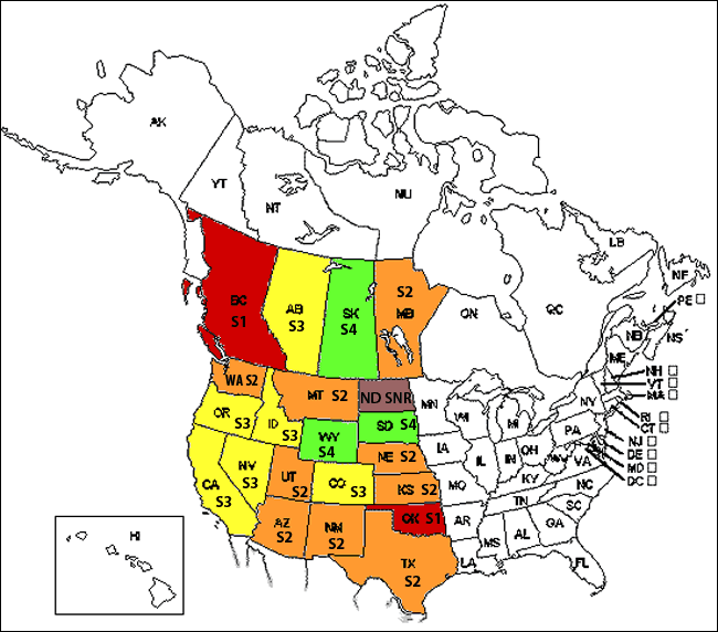 Figure 7.  Cotes par province/État attribuées à la Buse rouilleuse par NatureServe.