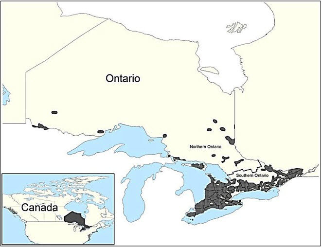 Area where agriculture occurs within Ontario