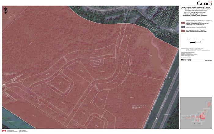 Carte des lots ainsi que des parties de lots dans le secteur au nord-ouest de l’autoroute 30 entre le projet immobilier Symbiocité et les champs agricoles de Saint-Philippe, dans les municipalités de La Prairie et de Saint-Philippe au Québec.