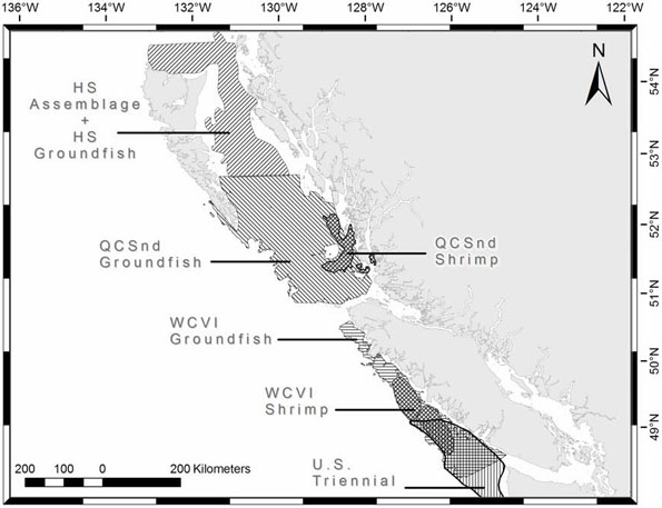 Figure 11. Locations of trawl surveys that provide indices of canary rockfish abundance.