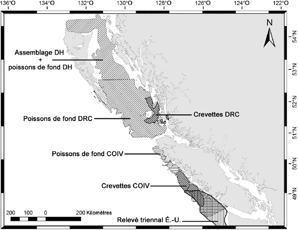 Figure 11 : Emplacement des relevés au chalut ayant fourni les données pour l’estimation de l’abondance du sébaste canari.