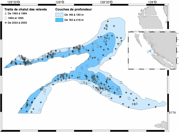 Figure 23 : Couches de profondeur du goulet de l’île Goose et emplacement des prises par trait, selon des relevés historiques de sébastes à longue mâchoire.