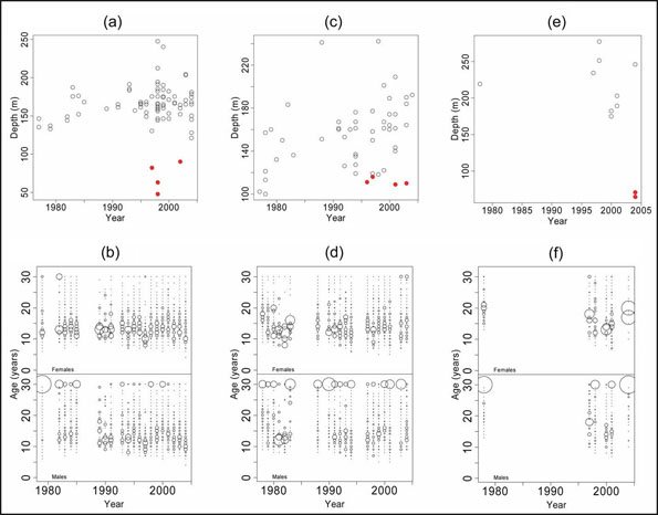Figure 26. The effect of shallow samples on canary rockfish proportions-at-age.