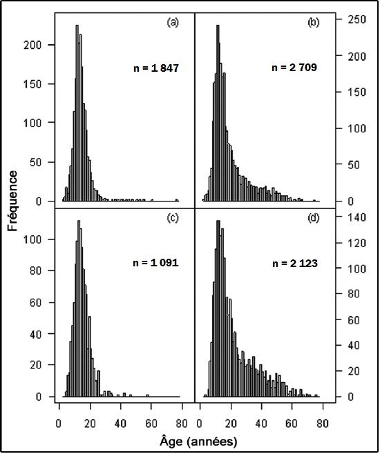 Figure 5. Histogramme de l’âge des individus du sébaste canari (données jusqu’à 80 ans) : a) femelles des zones 3C + 3D; b) mâles des zones 3C + 3D; c) femelles des zones 5A + 5B; d) mâles des zones 5A + 5B.