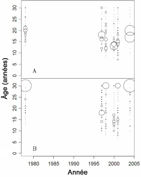 Figure 8. Composition par âge des individus du sébaste canari femelles (A) et mâles (B) dans la zone 5E, par année.