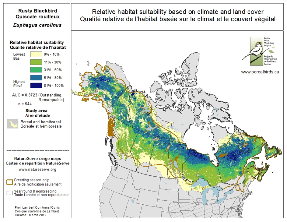 Relative suitability of Rusty Blackbird  breeding habitat in Canada