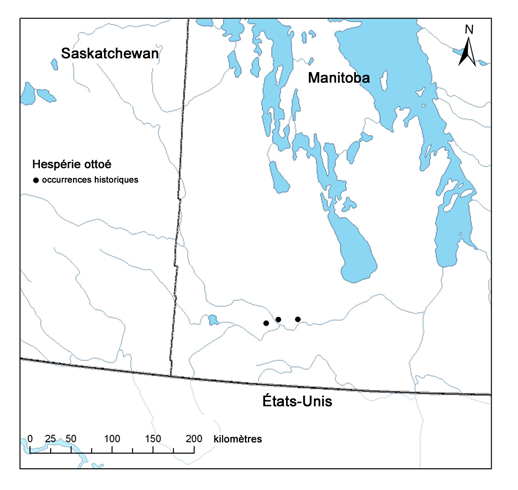 Figure 3. Aire de répartition canadienne de l’Hesperia ottoe.