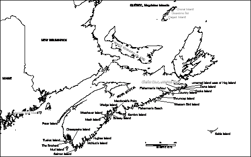 Aire de reproduction connue de la Sterne de Dougall. (Voir description longue ci-dessous.)