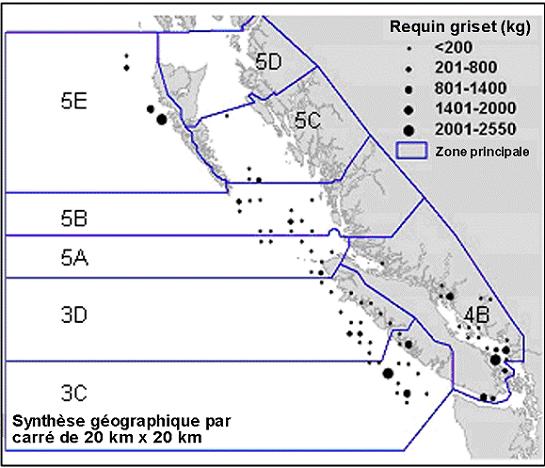 Figure 3. Aire de répartition du requin griset au Canada selon des observations faites lors de pêches commerciales aux lignes et au chalut entre 1996 et 2005. (Voir description longue ci-dessous.)
