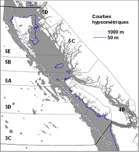 Figure 6. Répartition probable du requin griset dans les eaux du Pacifique au Canada (zone grise) selon la tranche d’eau préférée (de 20 m à 2 000 m de profondeur). (Voir description longue ci-dessous.)