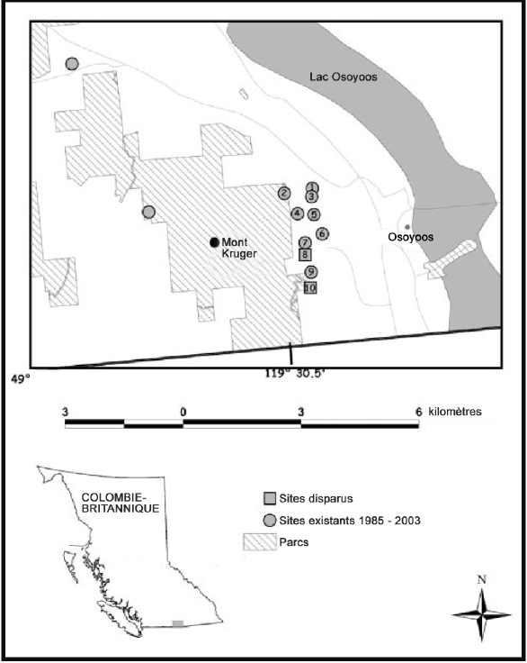 Figure 4. Aire de répartition canadienne du Phacelia ramosissima. Les numéros correspondent aux sous-populations du versant est du mont Kruger. Les populations des versants ouest et nord sont aussi indiquées, mais sans numéro.