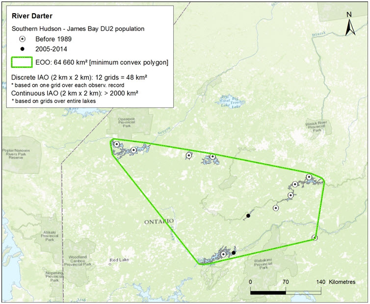 The distribution of River Darter in DU2 - Southern Hudson Bay