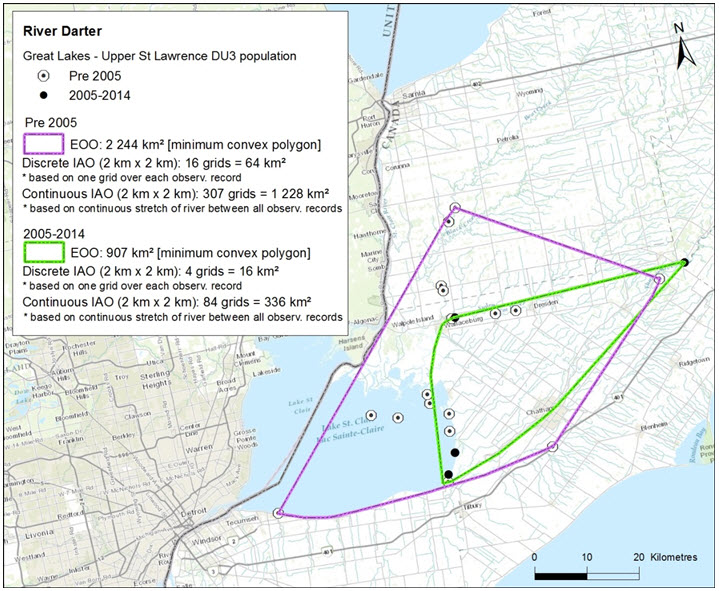The distribution of River Darter in DU3 - Great Lakes