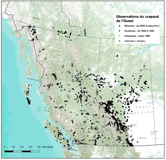 Carte de l’aire de répartition canadienne du crapaud de l’Ouest (voir description longue ci-dessous).