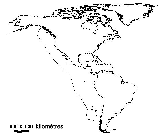 Figure 2. Répartition mondiale du Puffin à pieds roses (Puffinus creatopus) (à l’est de la ligne), d’après des cartes de Birdlife International (2003). 1 – colonie de l’île Mocha; 2 – colonies de Juan Fernandez.