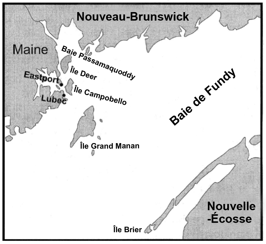 Carte montrant l'emplacement des îles Deer, Campobello, Grand Manan et Brier à l'embouchure de la baie de Fundy