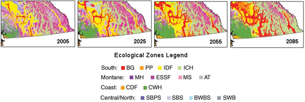 Figure 9. Anticipated effects of climate change on ecosystem distribution in southern British Columbia. (See long description below)
