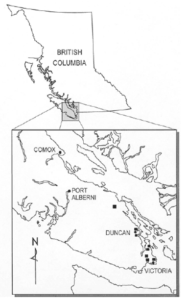 Figure 4. Search effort for Epilobium torreyi.Black squares indicate location of one or more sites searched.