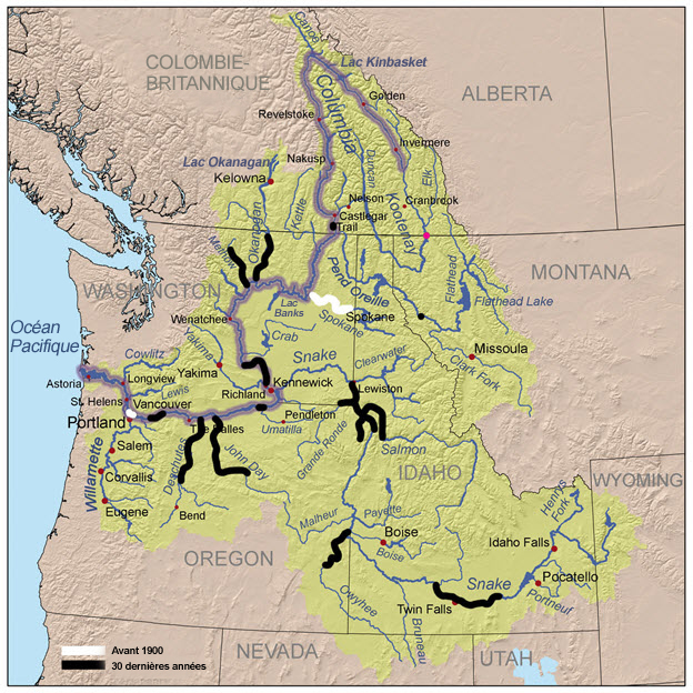 Carte illustrant l’aire de répartition mondiale de la patelle géante du fleuve Columbia (voir longue description ci-dessous)