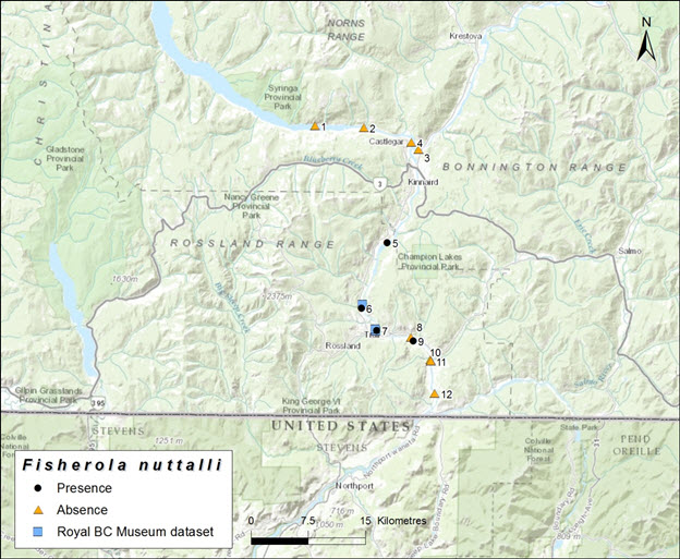 Map of the Canadian distribution of the Shortface Lanx (see long description below)