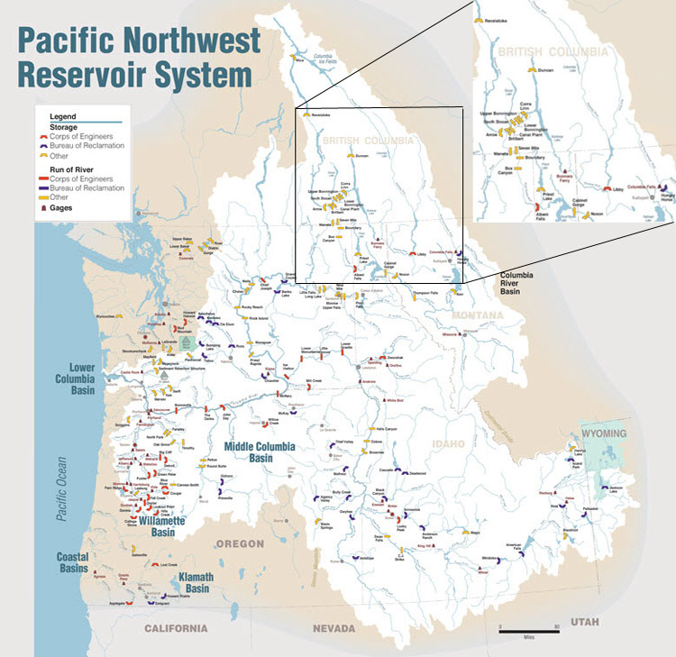 Map showing the locations of dams in the Columbia River (see long description below)