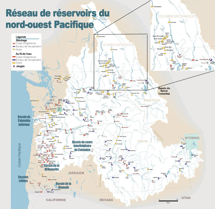 Carte illustrant l’emplacement des barrages dans le bassin versant du fleuve Columbia (voir longue description ci-dessous)