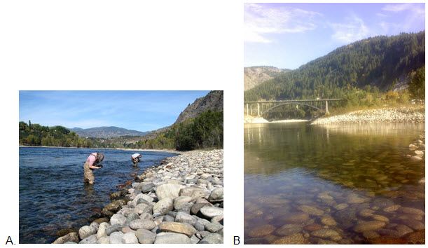 Two photos of people seaching long a river (see long description below)