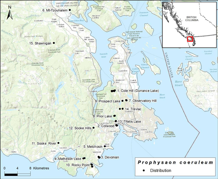 Map showing the Canadian distribution of the Blue-grey Taildropper (see long description below)