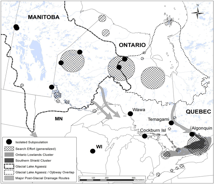 Map showing the Canadian distribution of Flooded Jellyskin (see long description below)