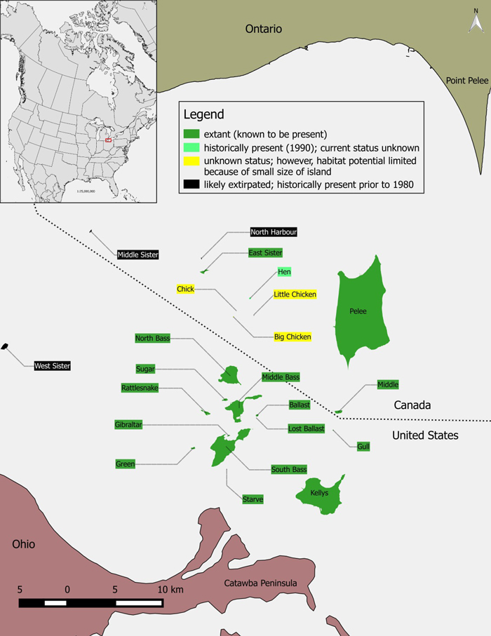 Map showing the distribution of Lake Erie Watersnake (see long description below)