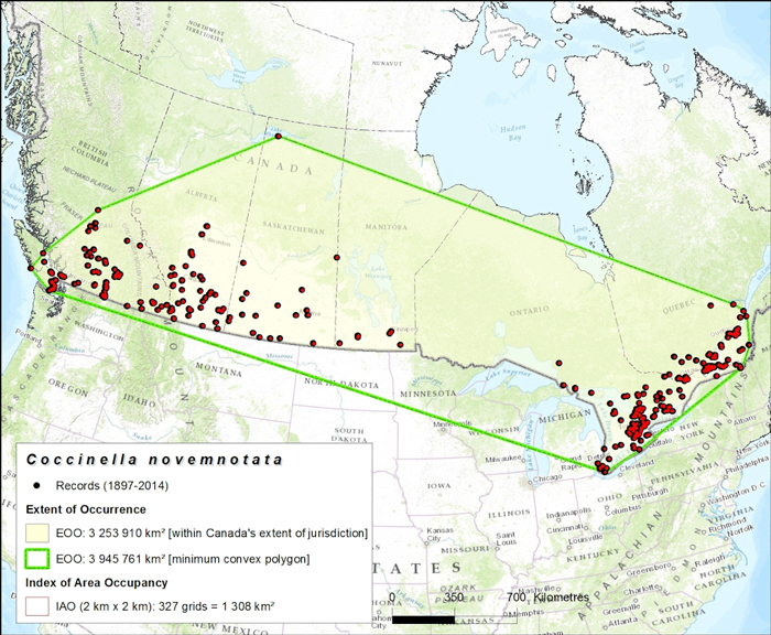 Map showing the distribution of Nine-spotted Lady Beetle (see long description below)