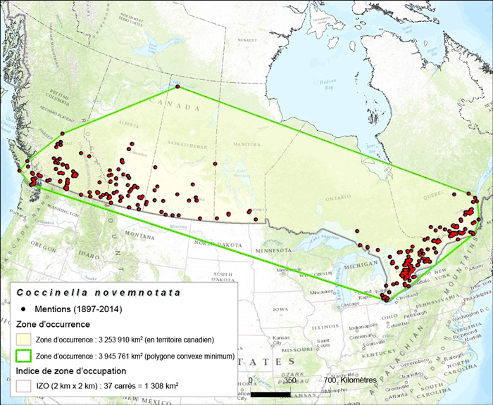 Carte montrant la répartition de la coccinelle à neuf points (voir longue description ci-dessous)