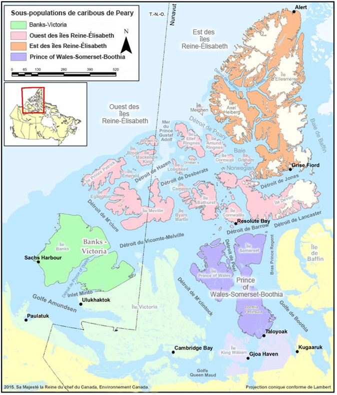 Carte montrant la répartition mondiale du caribou de Peary (voir longue description ci-dessous)