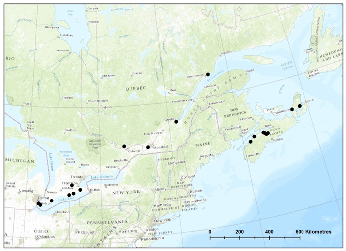 Map of eastern distribution of Pygmy Pocket Moss (see long description below)