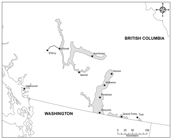 Map showing the Canadian distribution of the Western Yellow-bellied Racer (see long description below)