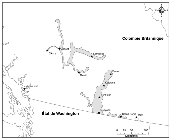 Carte montrant la répartition canadienne de la couleuvre agile à ventre jaune de l’Ouest (voir longue description ci-dessous)