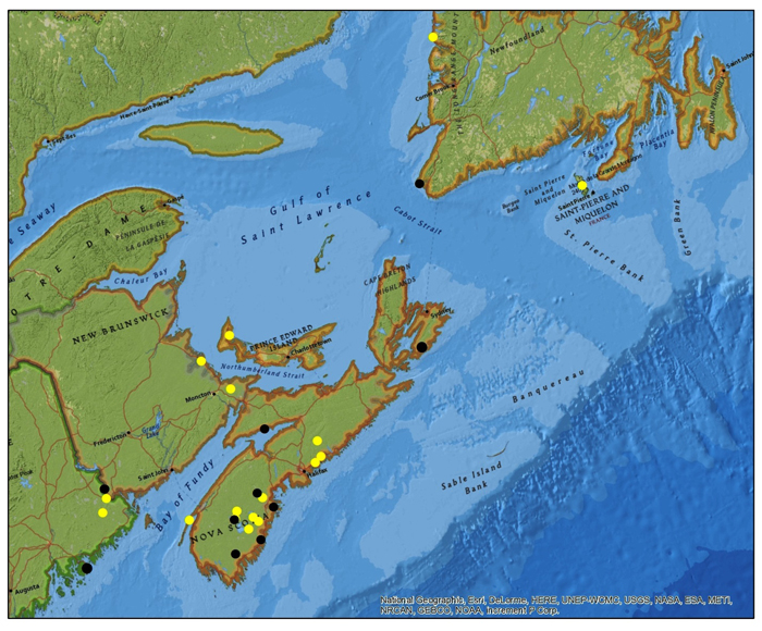 Map showing the distribution of Wrinkled Shingle Lichen (see long description below)