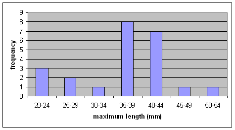 Figure 7. Size distribution of the Fawnsfoot collected from the ThamesRiverusing timed-search methods (n = 20) and quadrat excavation (n = 3) (T. Morris, Fisheries and Oceans Canada, unpublished data).