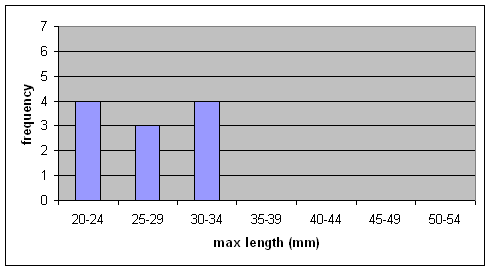 Figure 8. Size distribution of the Fawnsfoot collected from the Grand River using timed-search methods in 1997 (n = 11) (J. Metcalfe-Smith, Environment Canada, unpublished data).