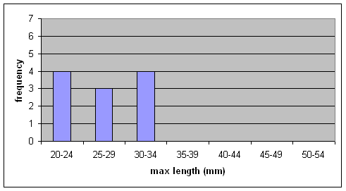 Figure 8. Size distribution of the Fawnsfoot collected from the Grand River using timed-search methods in 1997 (n = 11) (J. Metcalfe-Smith, Environment Canada, unpublished data).