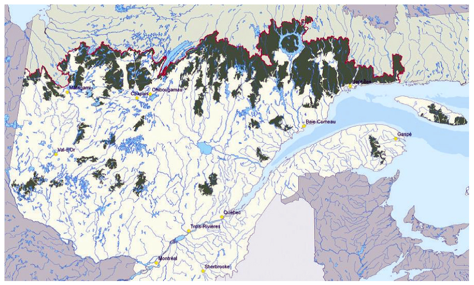 Map illustrating the location of the northern limit of industrial forestry